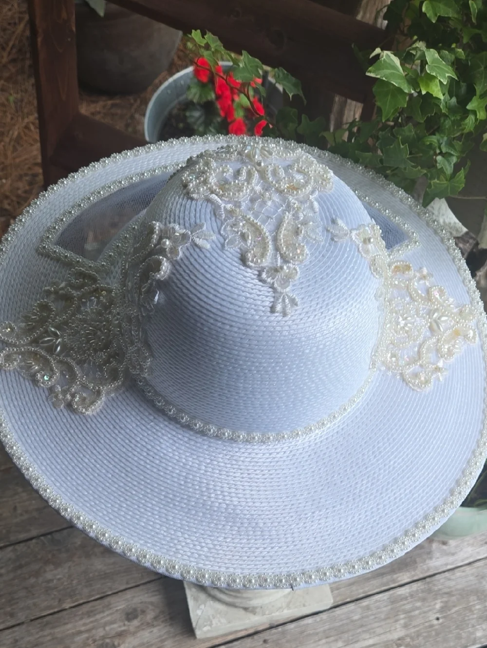 White Pearl Trim Wide Brim Church Hat - Picture 7 of 10